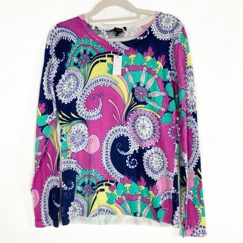 NWT Talbots Cotton Blend Paisley print Crew neck Long Sleeve Sweater